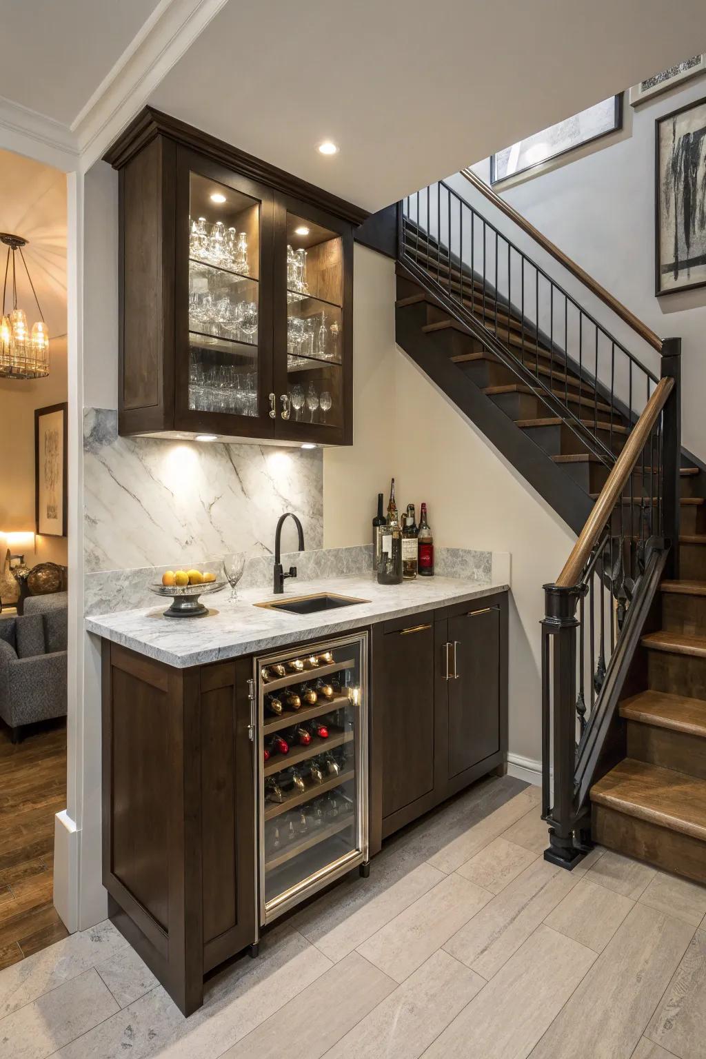Under-the-stairs wet bars creatively optimize space.