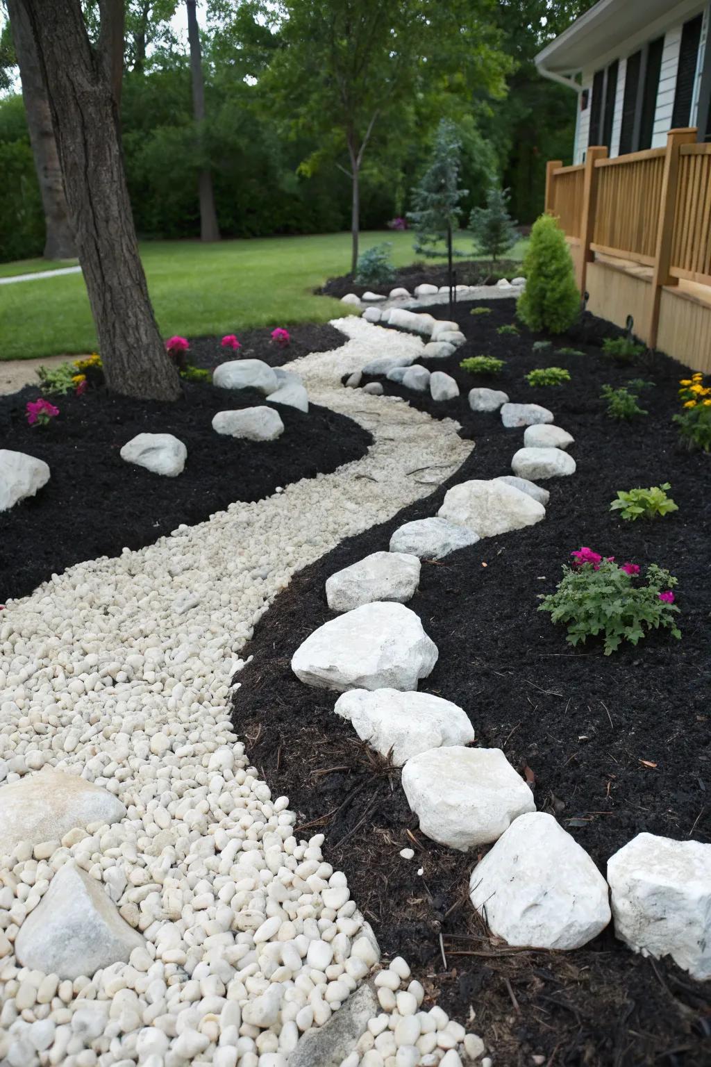 A garden with a striking contrast of white stones against dark soil, enhancing visual appeal.