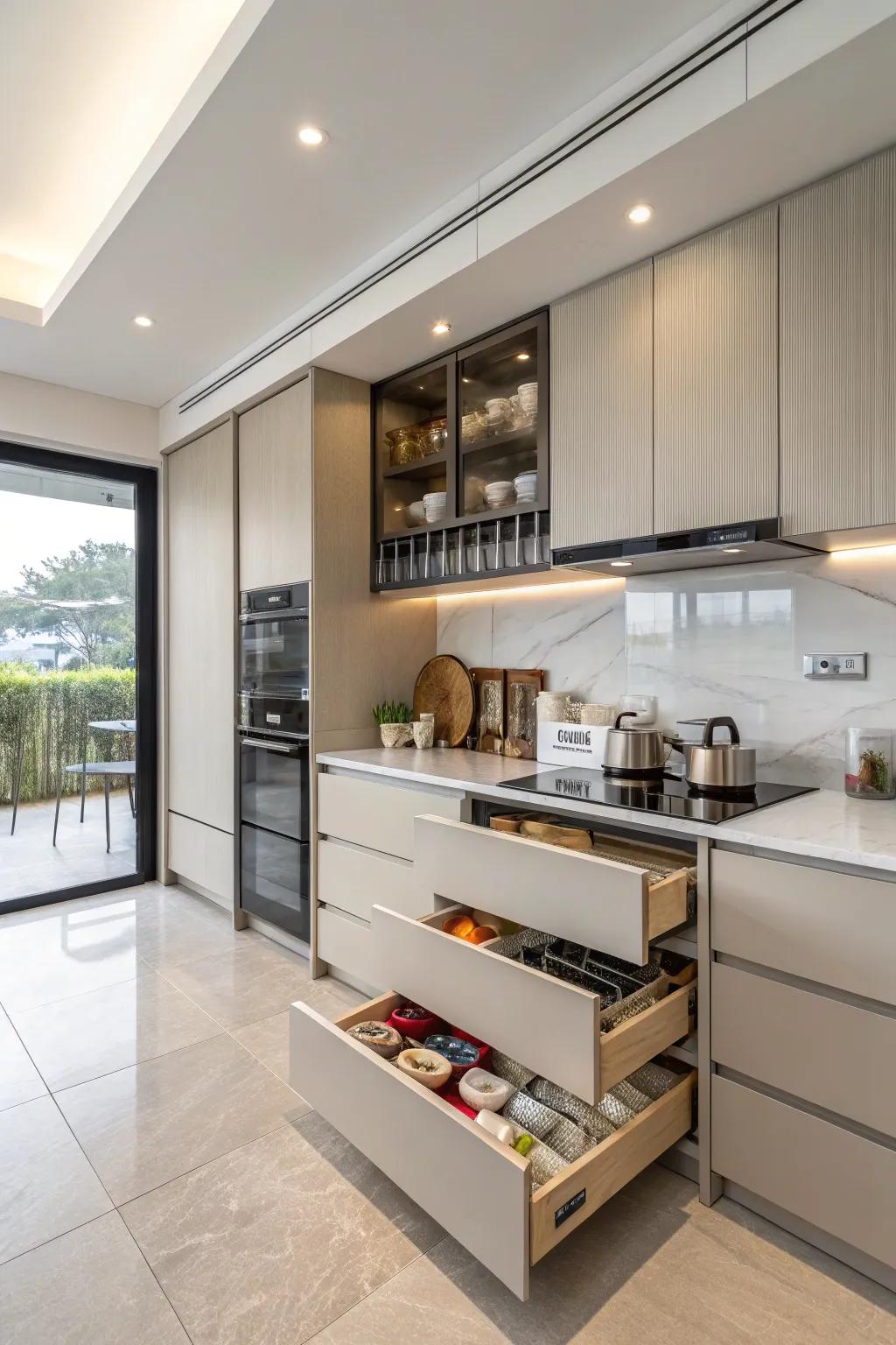 Sustain an uncluttered kitchen environment via concealed storage strategies.