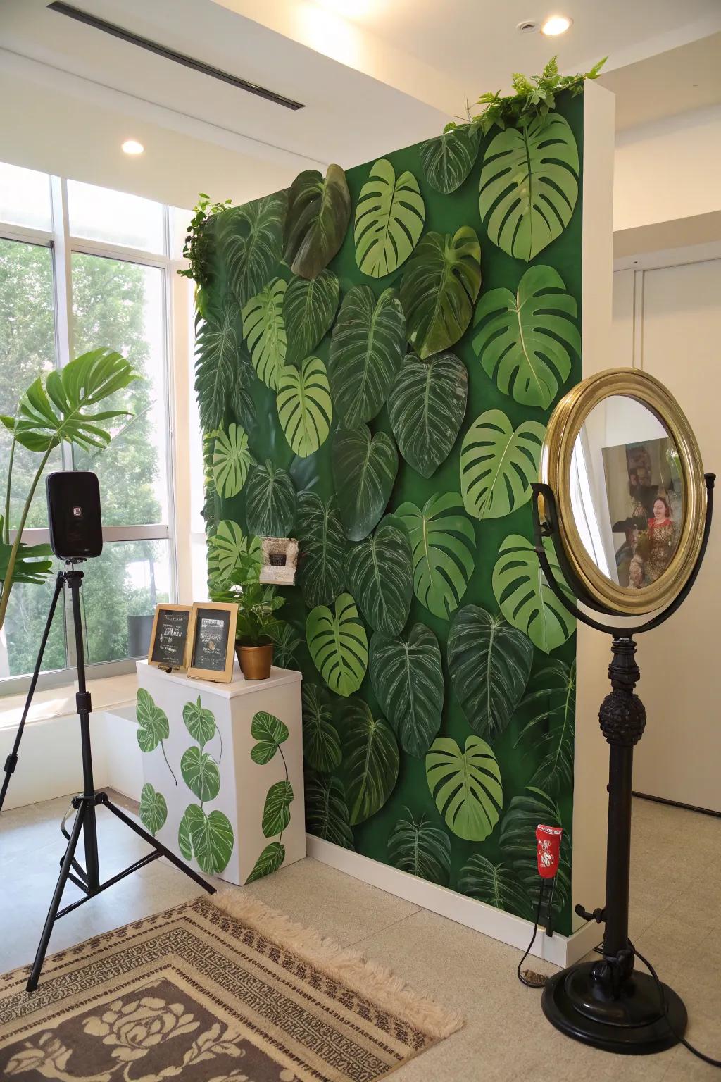 Split-leaf philodendron fronds provide a striking backdrop for a selfie station.