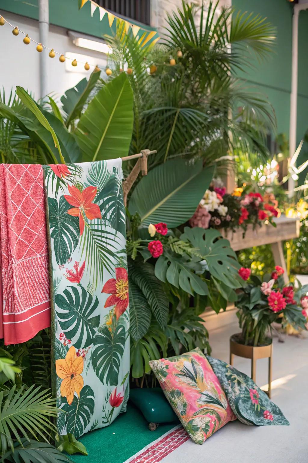 A tropical mood board showcasing dynamic flora and exotic constituents.