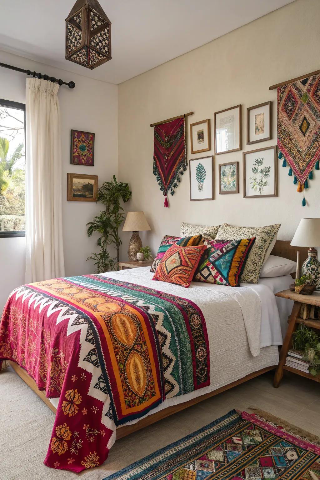 A bedroom with global feels and designed throws.