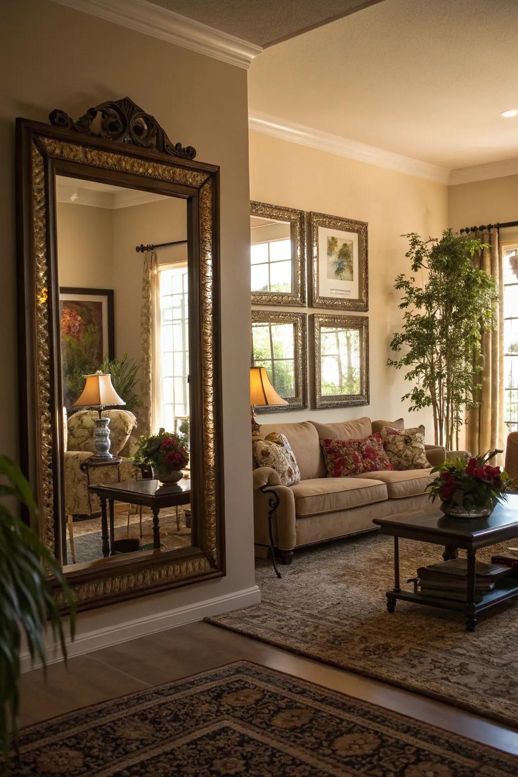 Shining surfaces enhancing light in a shadowy living area.