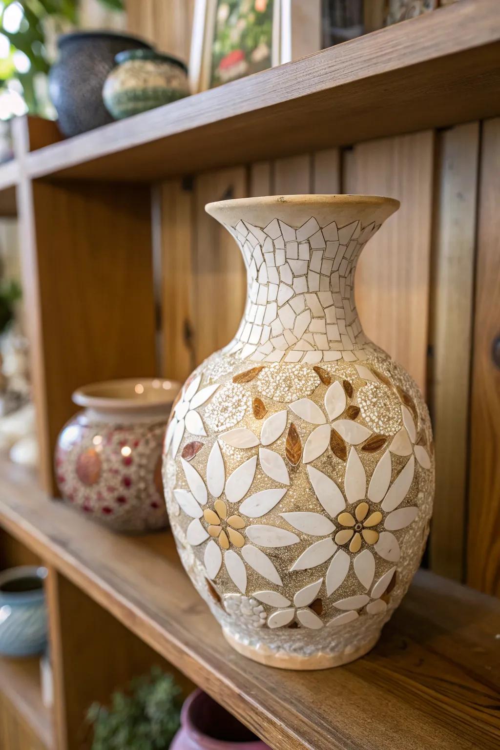 Eggshells create a delicate, textured mosaic look.