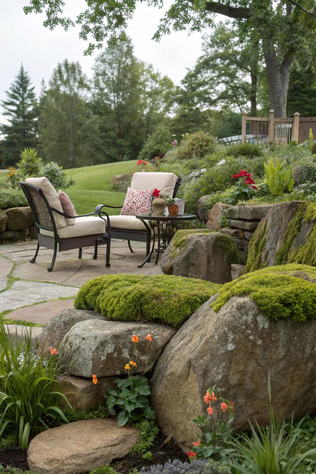 A cozy garden seating area using moss rocks as natural seating.