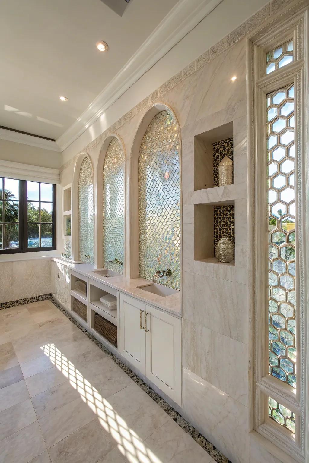 Stylish cubbies lined with nacre tiles add both style and functionality.