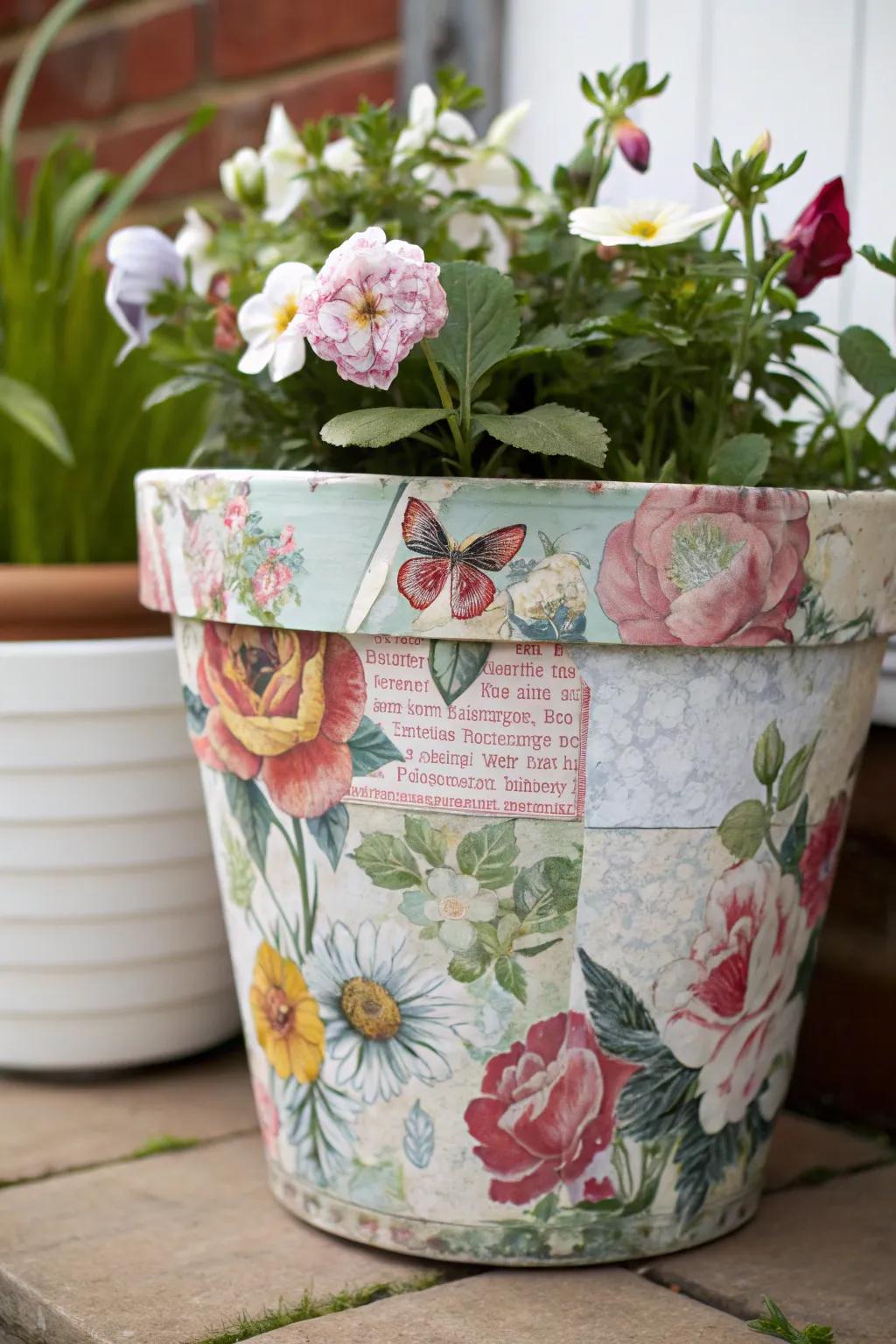 A flower pot transformed with pasted paper art.