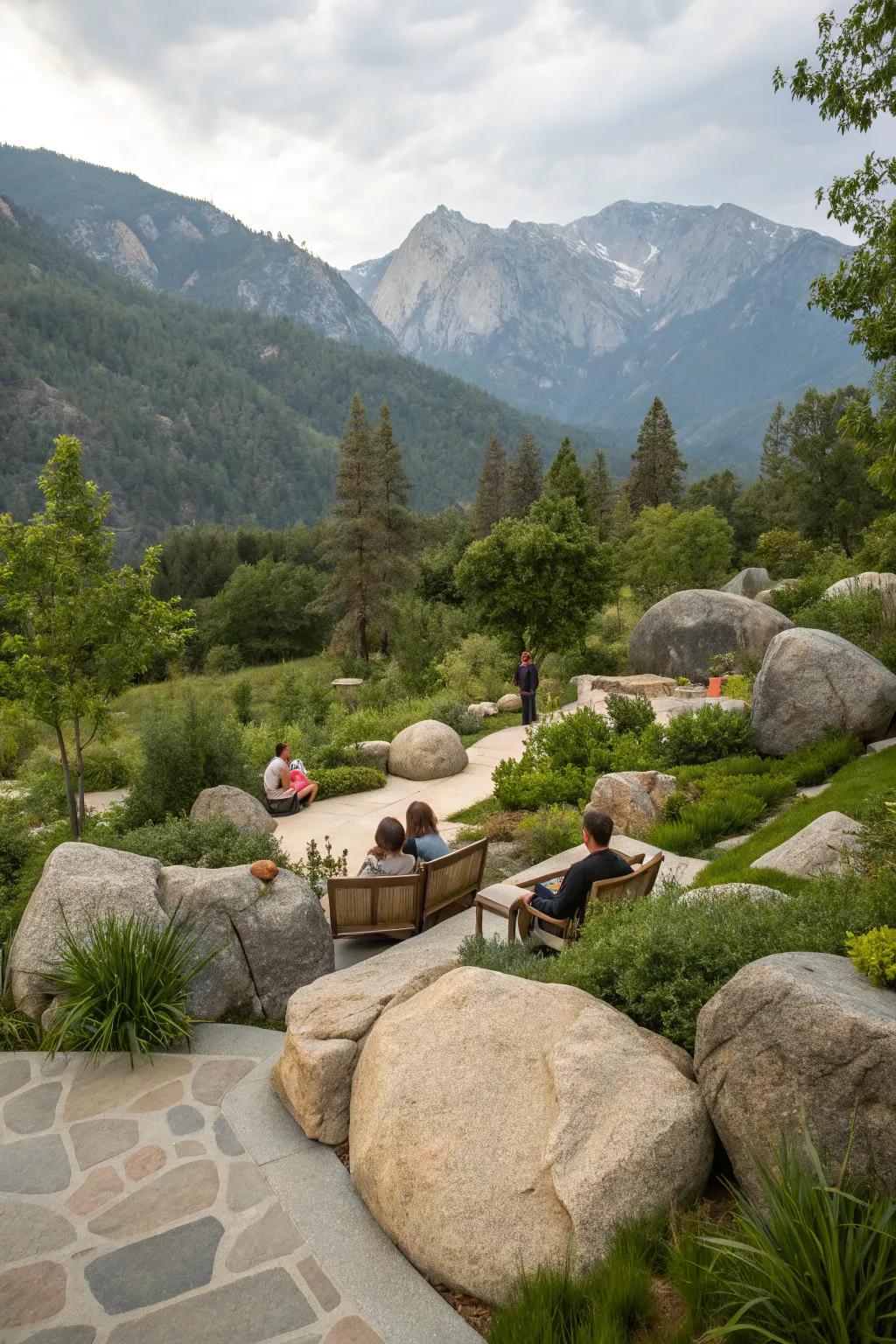 Boulders providing natural seating and focal points in the garden.