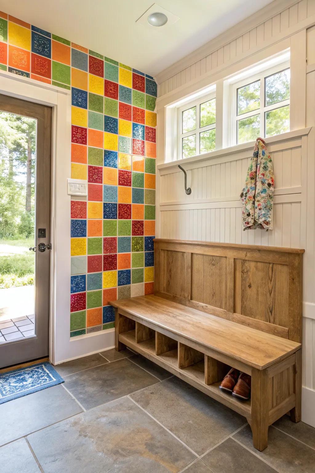 A vibrant mudroom bench featuring a colorful tiled design.