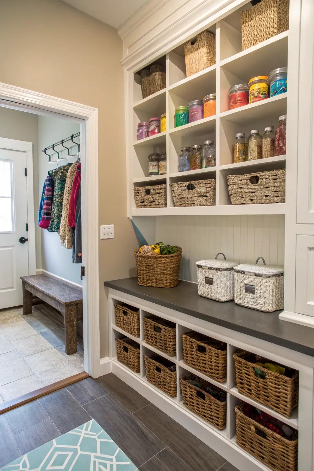 Open shelving offers both visibility and ease of access for daily essentials.