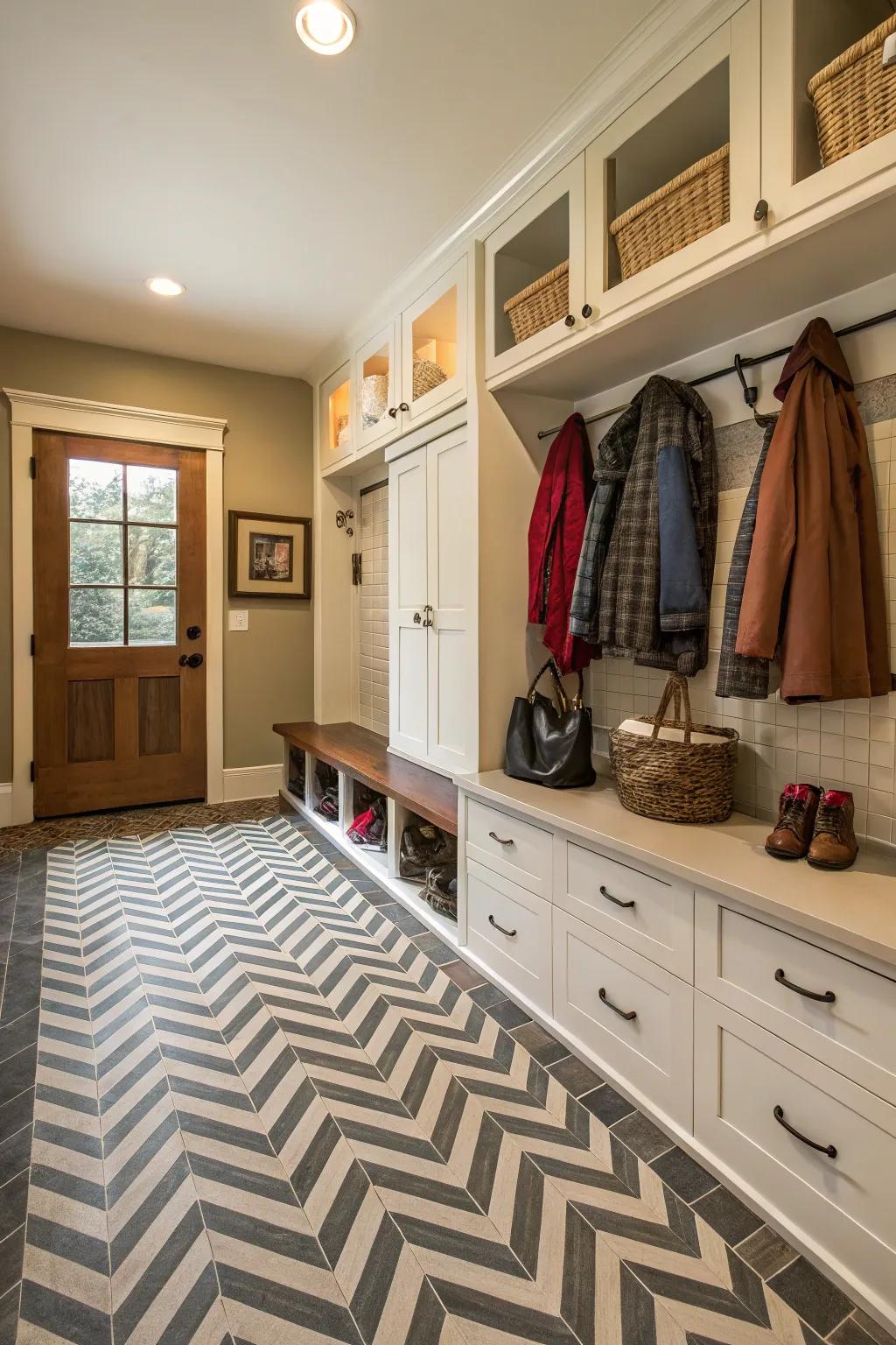 Diagonal patterns give your mudroom a vibrant sense of motion.