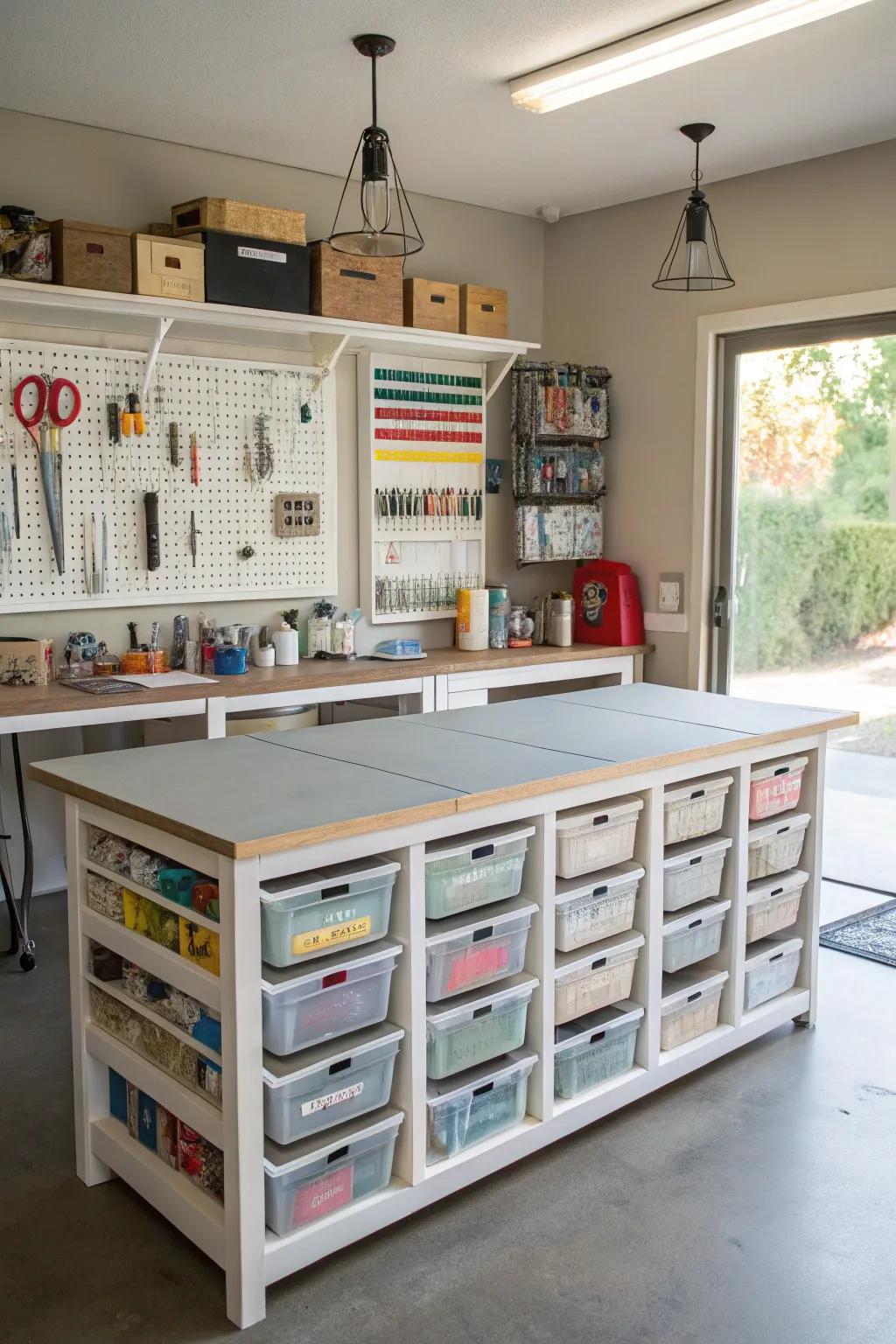 A well-organized hobby hub in a garage.