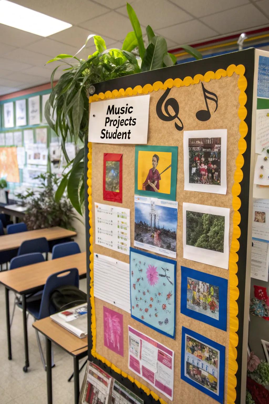 A bulletin board showcasing imaginative student music showcases.