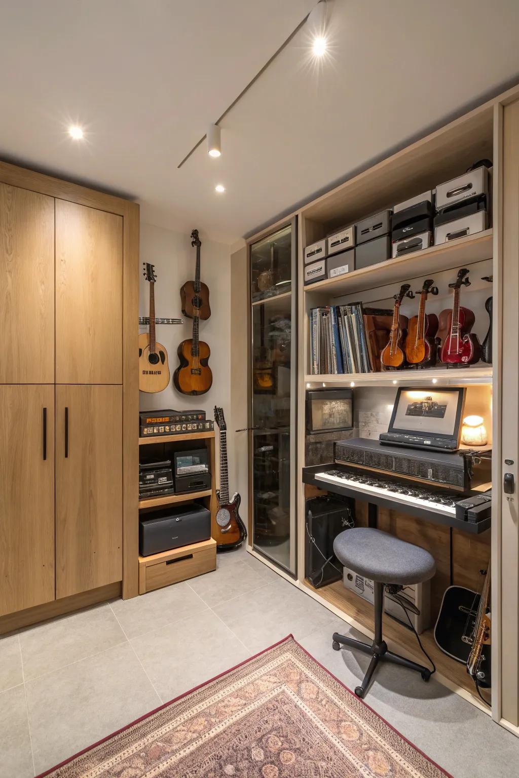 Hidden storage keeps the space tidy and organized.