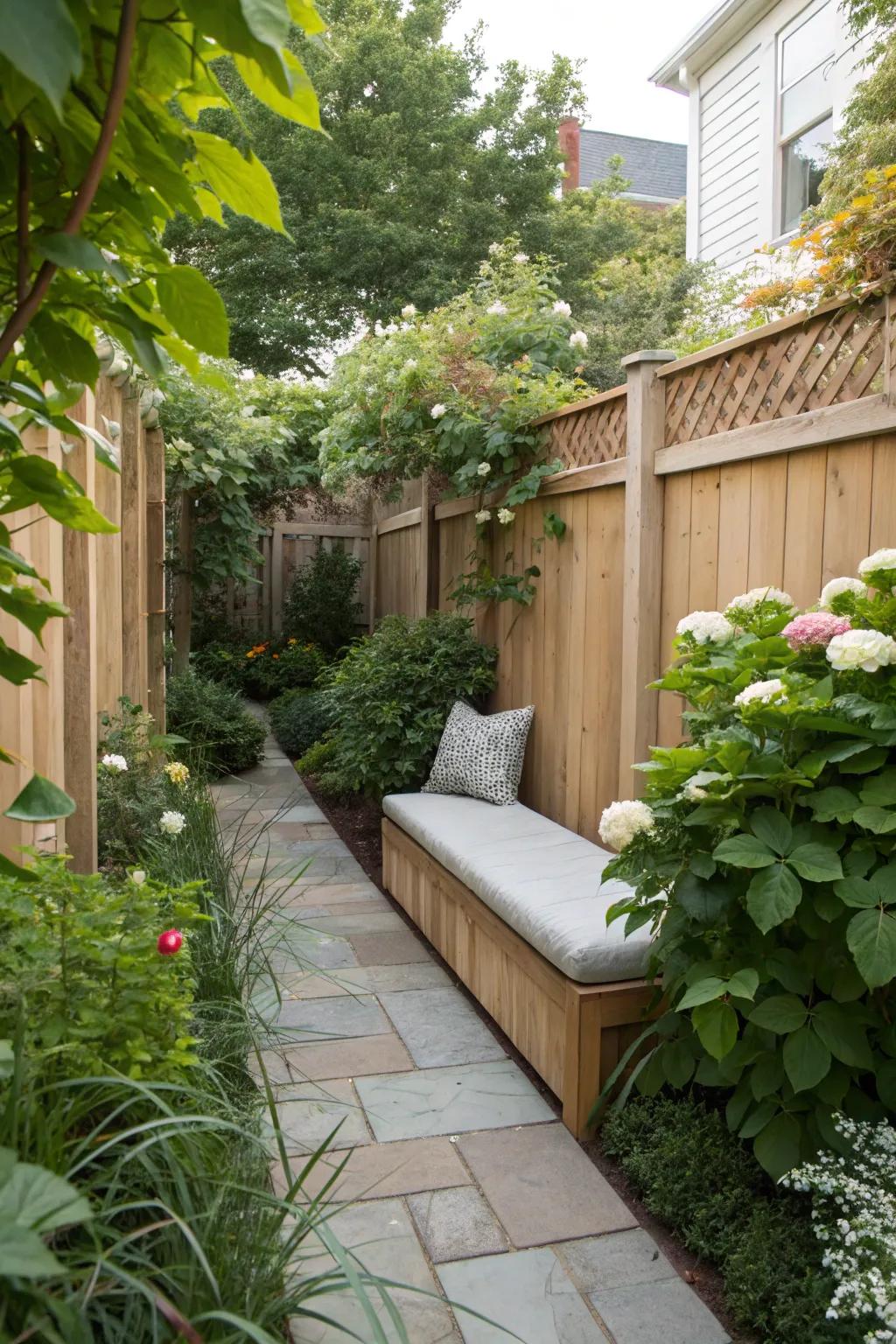 Multi-functional furnishings maximizes space in a slim garden.