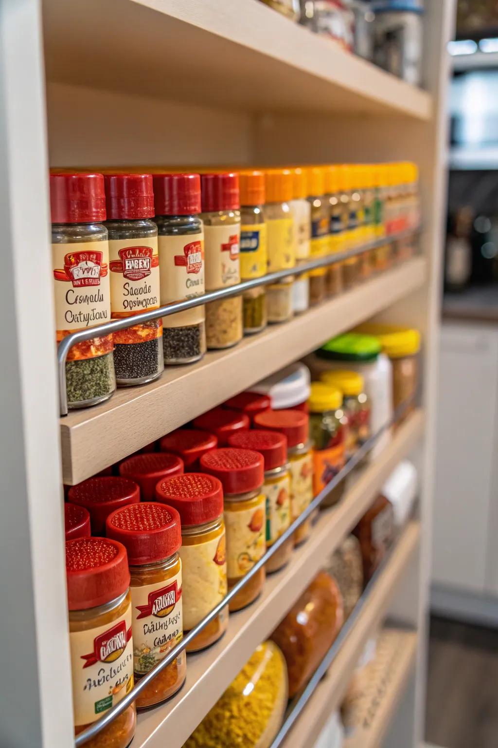 A slim cabinet beautifully organizing spices in neatly arranged jars.
