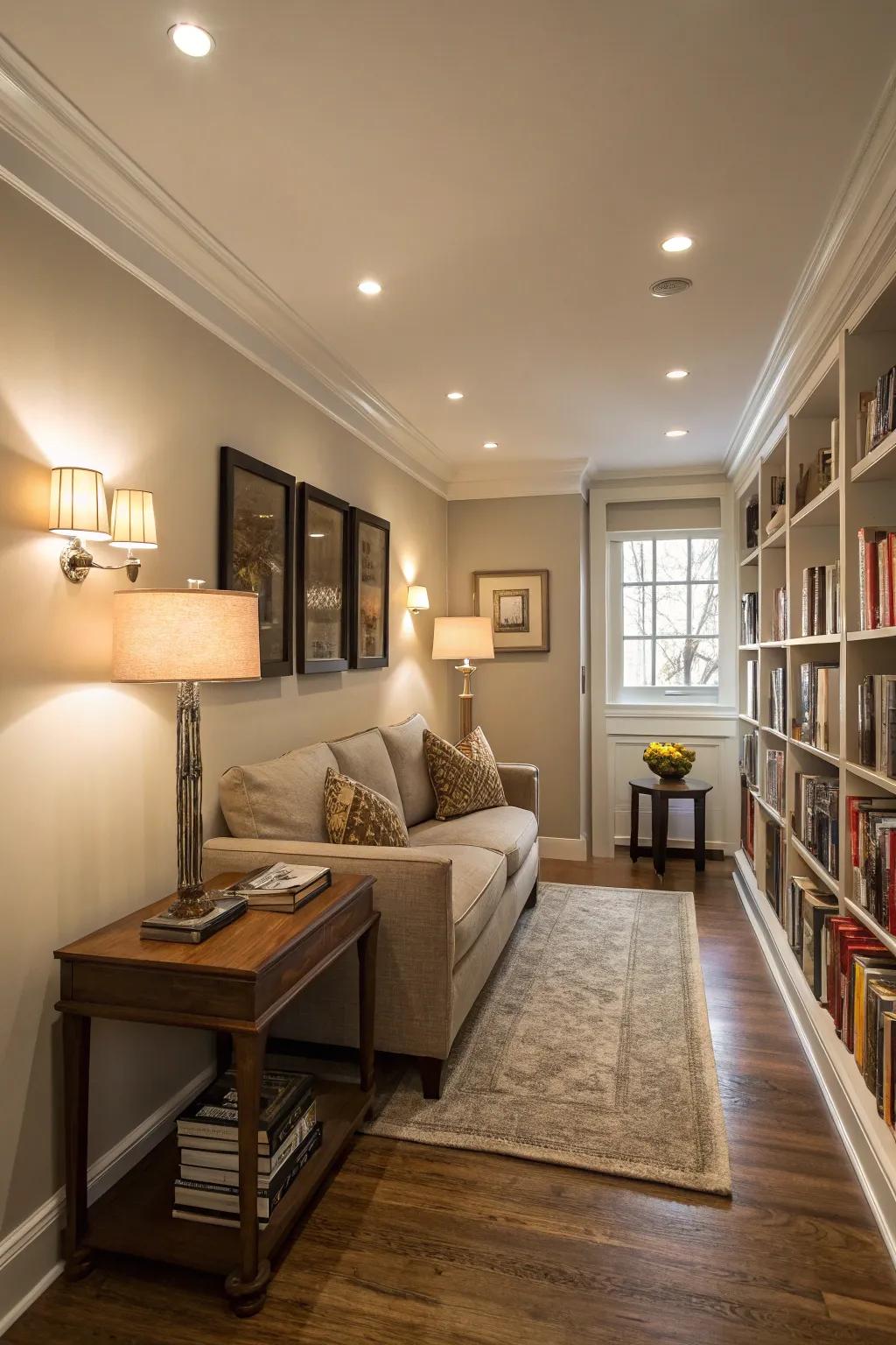 Multi-layered lighting establishing depth within a confined living area.