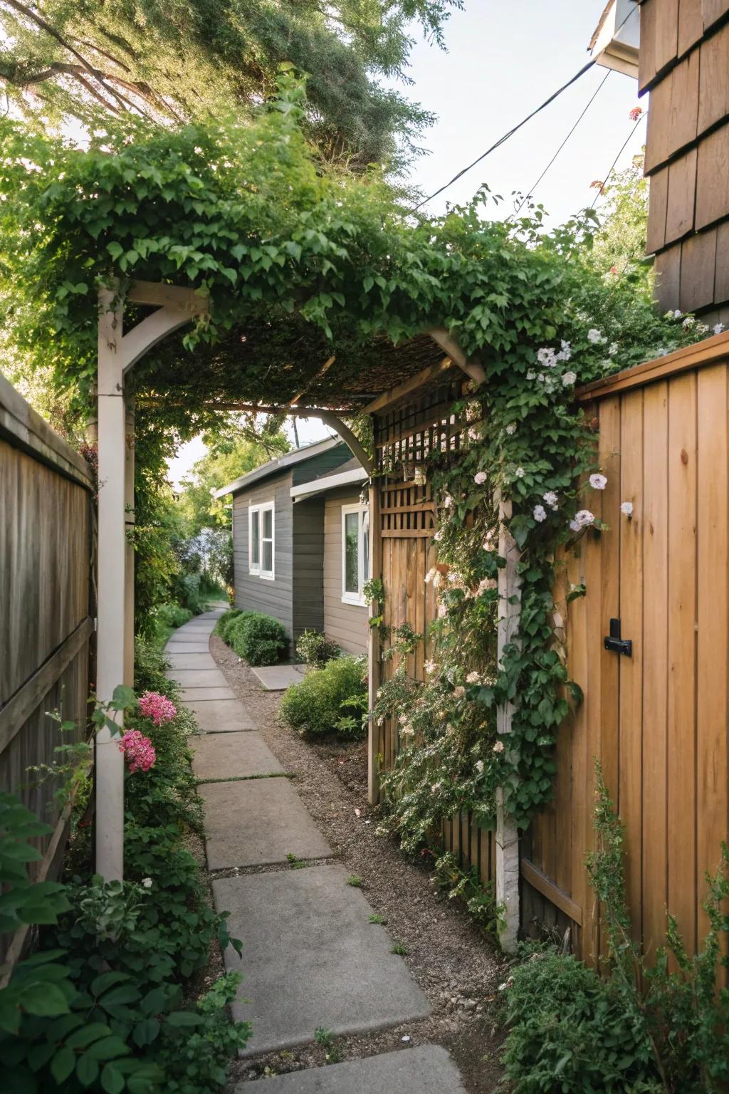 A pergola or gateway can inject vertical interest.