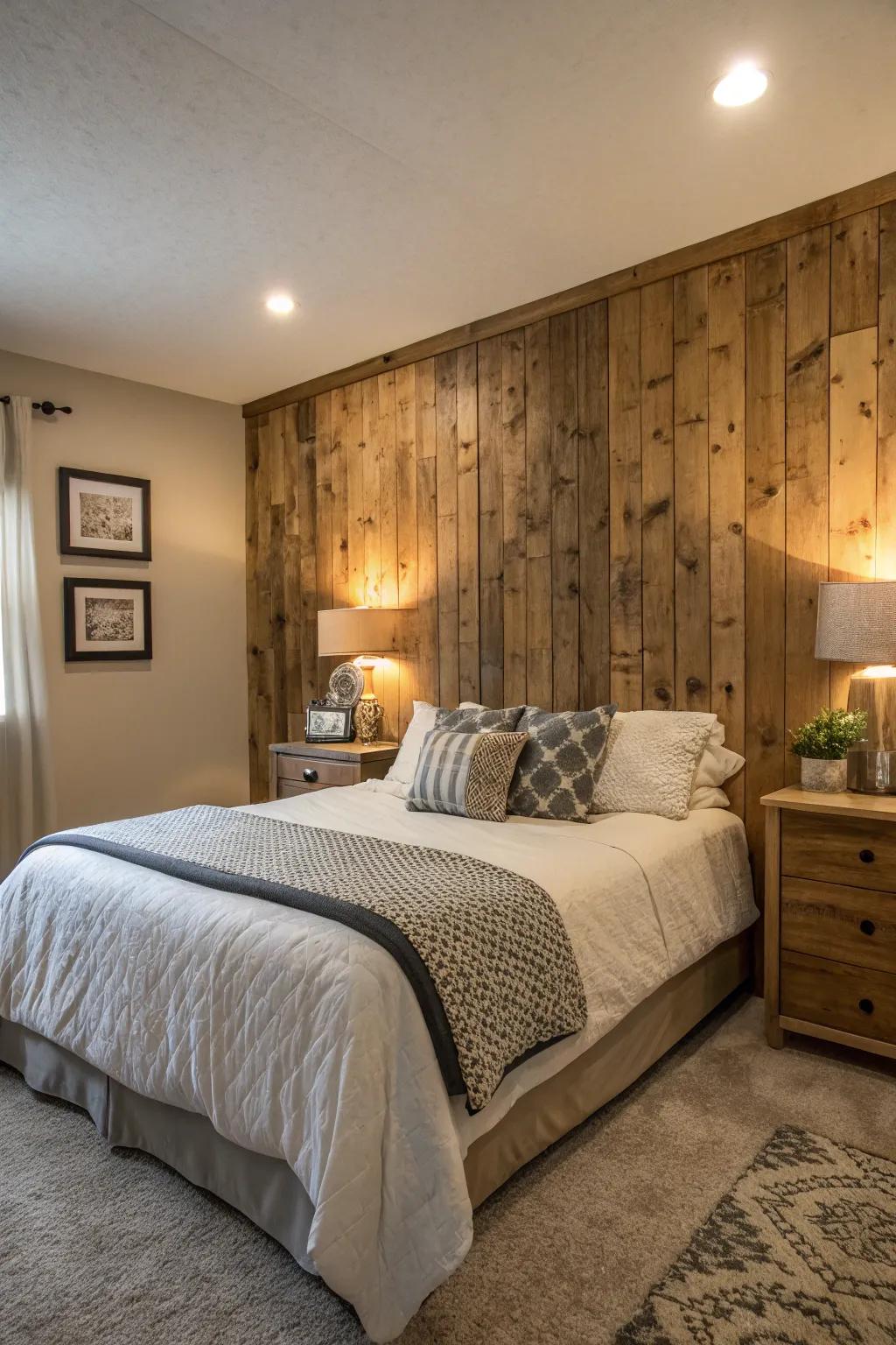 A wood accent wall brings texture and focus to the bedroom.