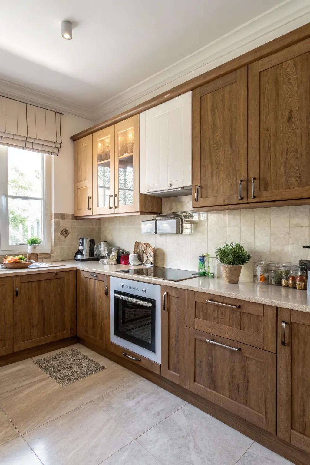 Dual-toned timber cabinetry enriches depth and visual interest.