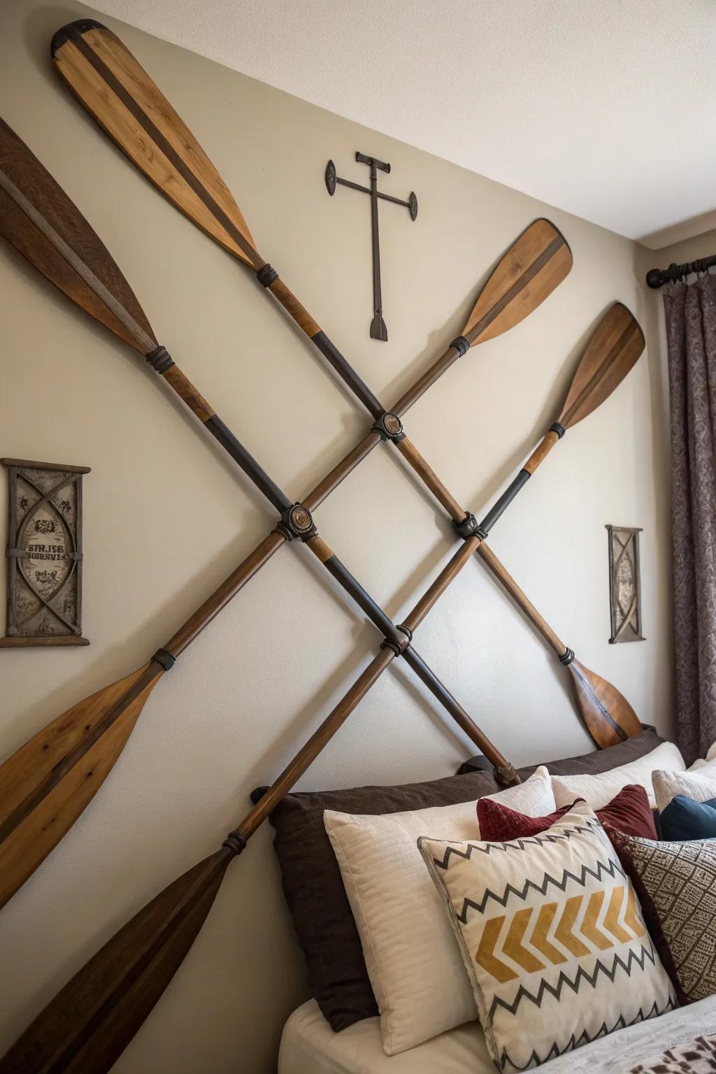 Boat oars add unique maritime flair to the decor.