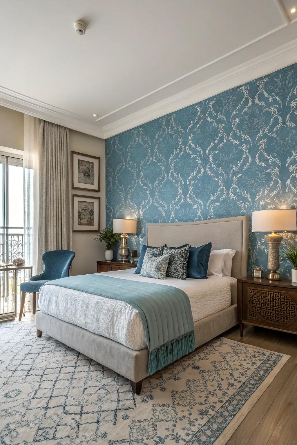A statement wall with blue wallpaper enhances the personality and depth of the bedroom.