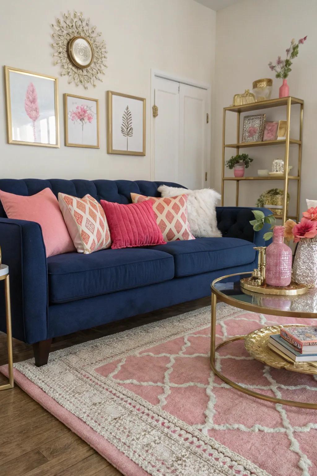 Navy furniture sets a strong foundation for pink accents.