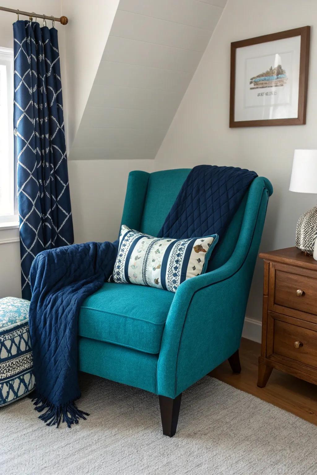 An aqua seating performs as a vibrant highlight and functional seating.