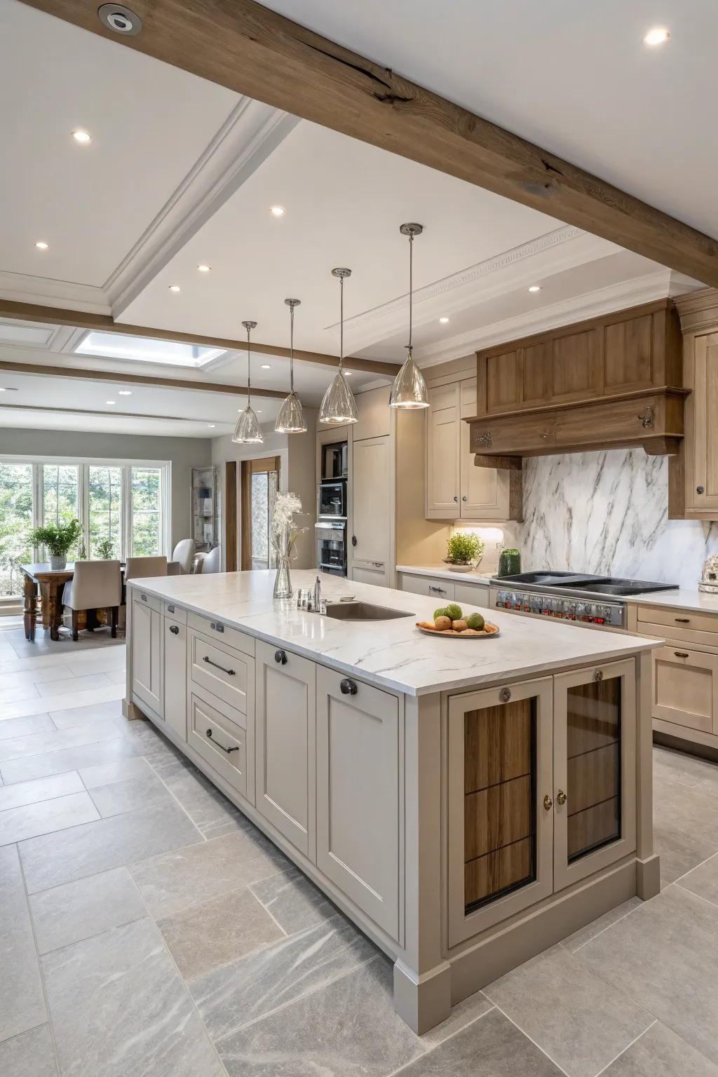 An open design enhances the spacious feel of a neutral kitchen.