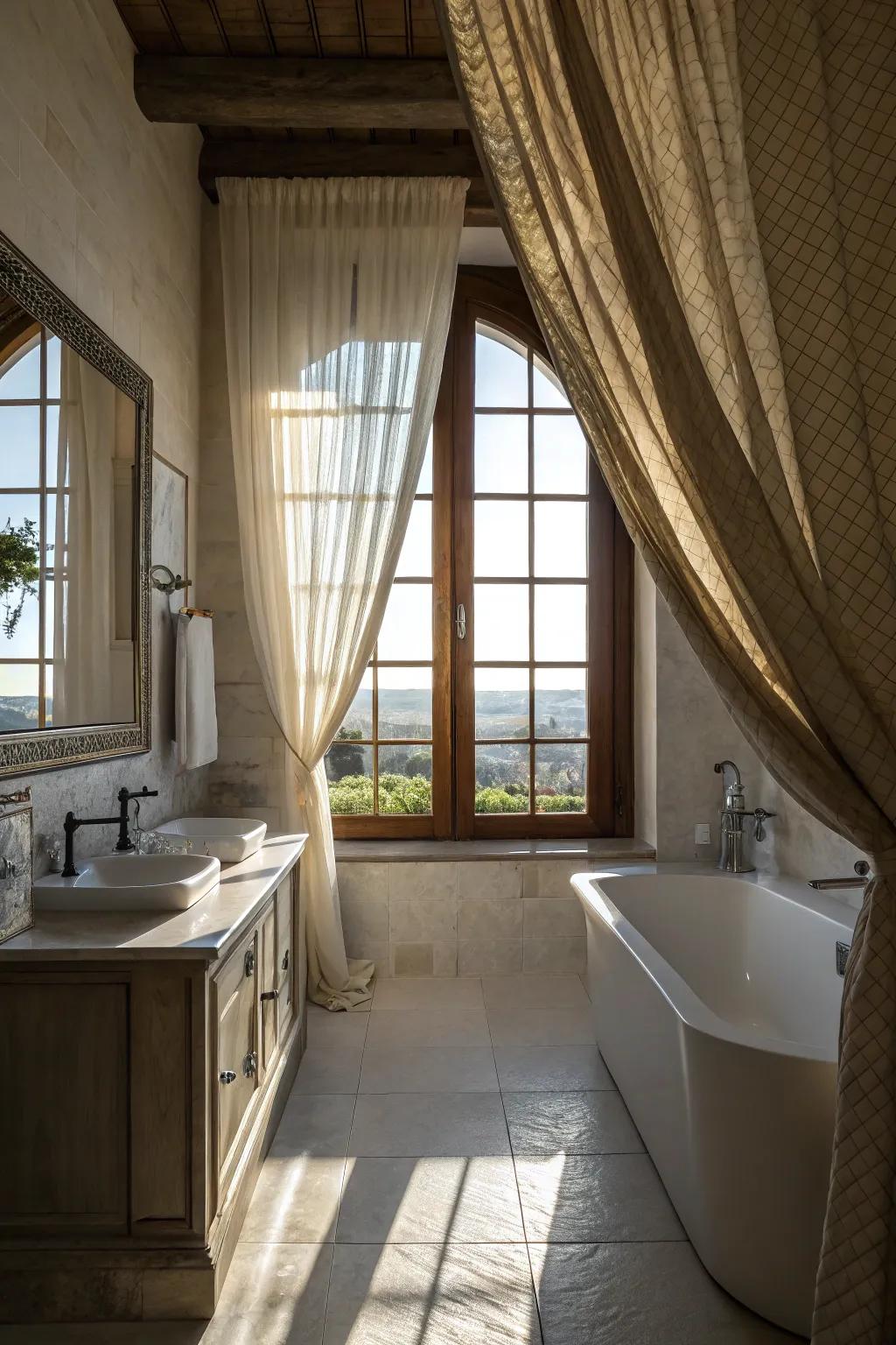 Elegant drapery adding a touch of drama to a bathroom.