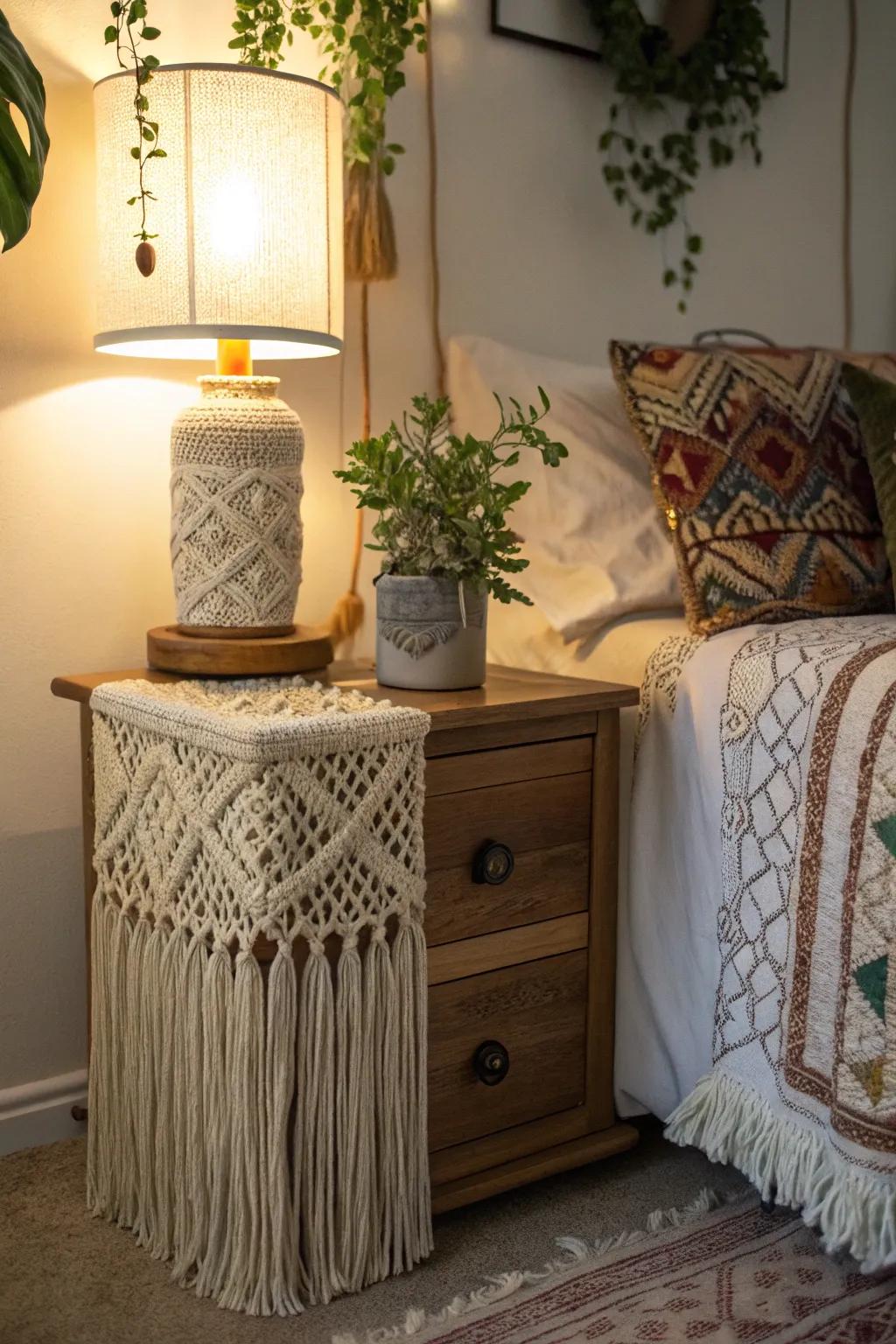 Macramé adds a bohemian flair to your bedside table.