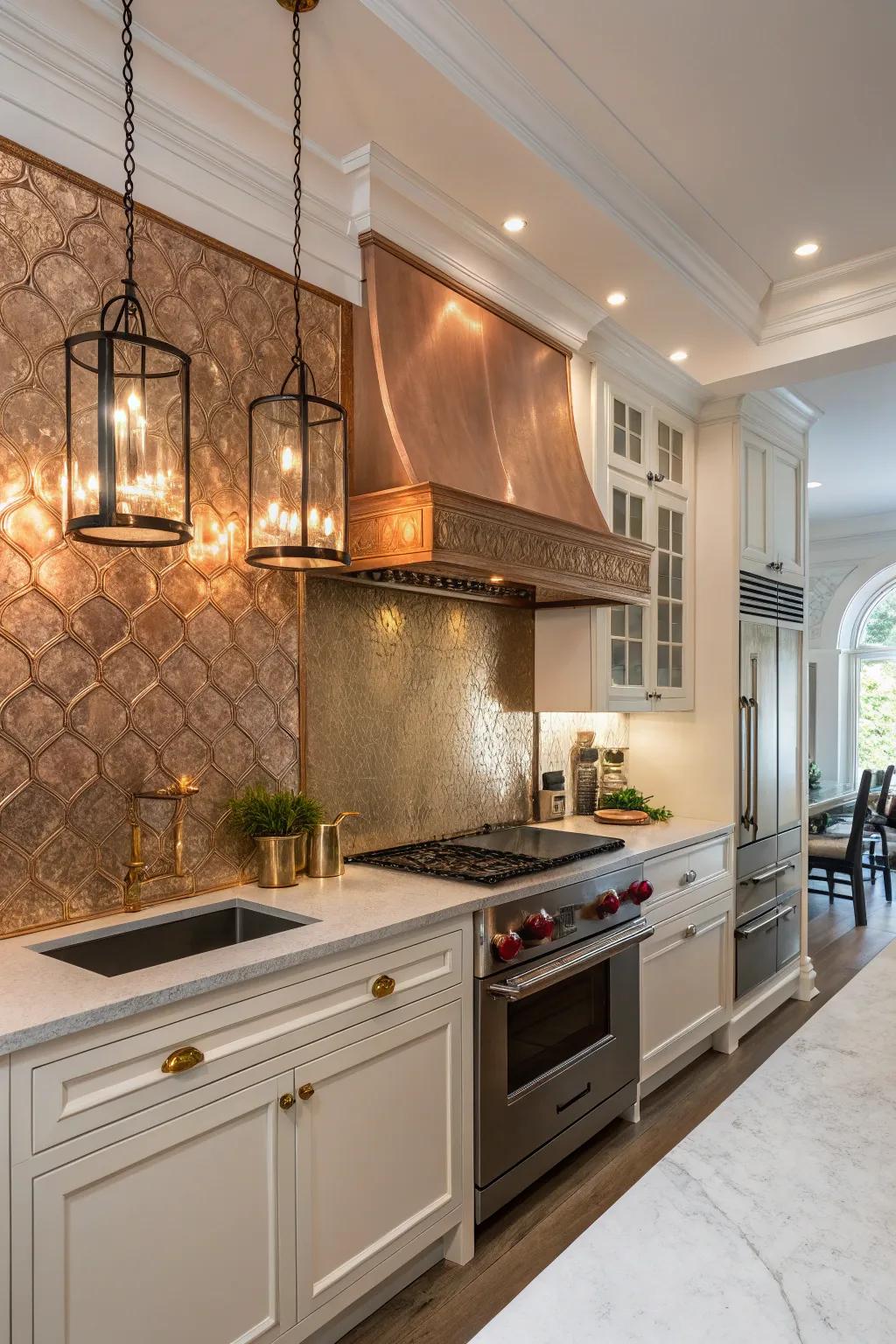 Metallic backsplashes bring shimmer and evolving character to kitchen designs.