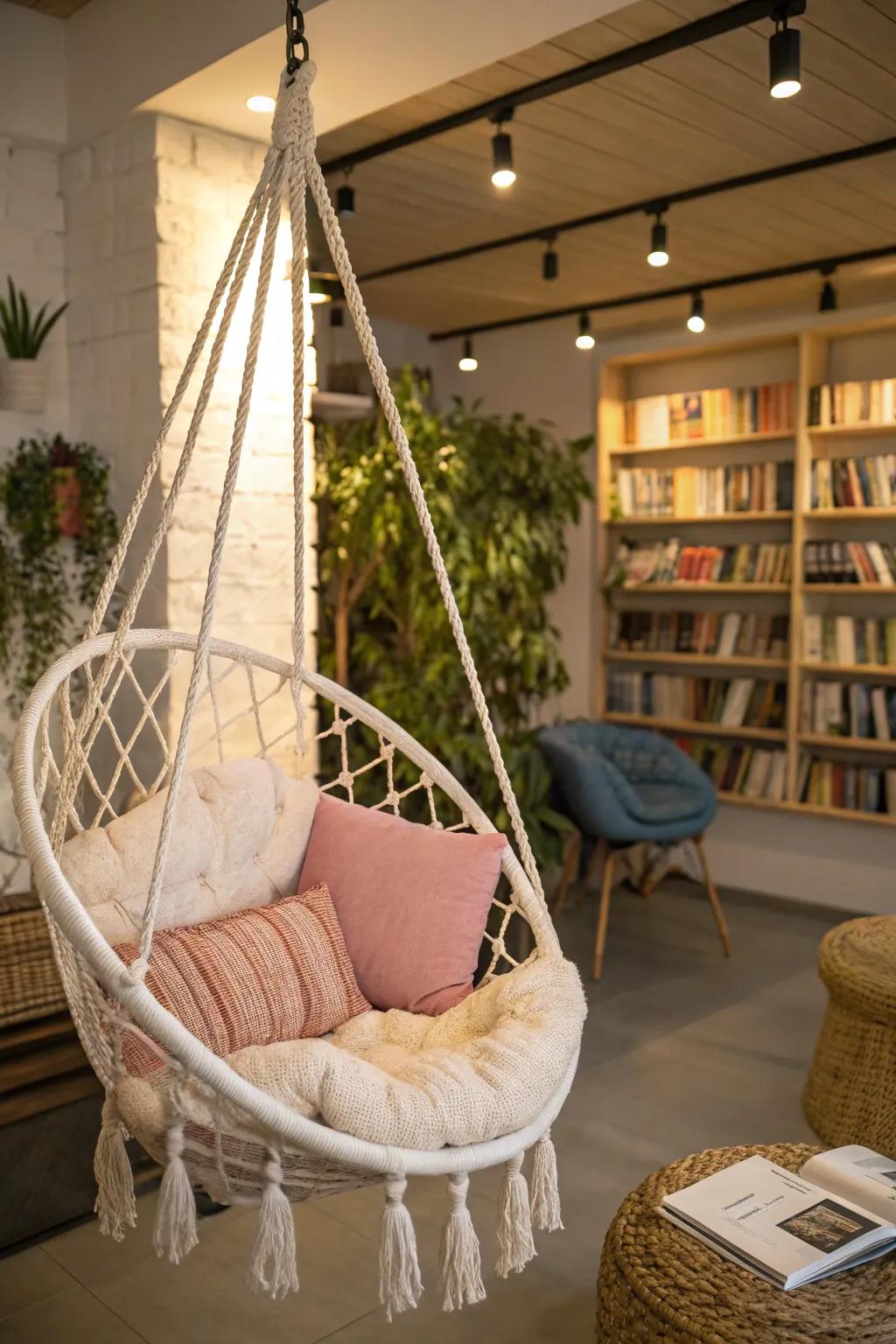 A playful nook featuring a stylish hanging chair for a floating feel.