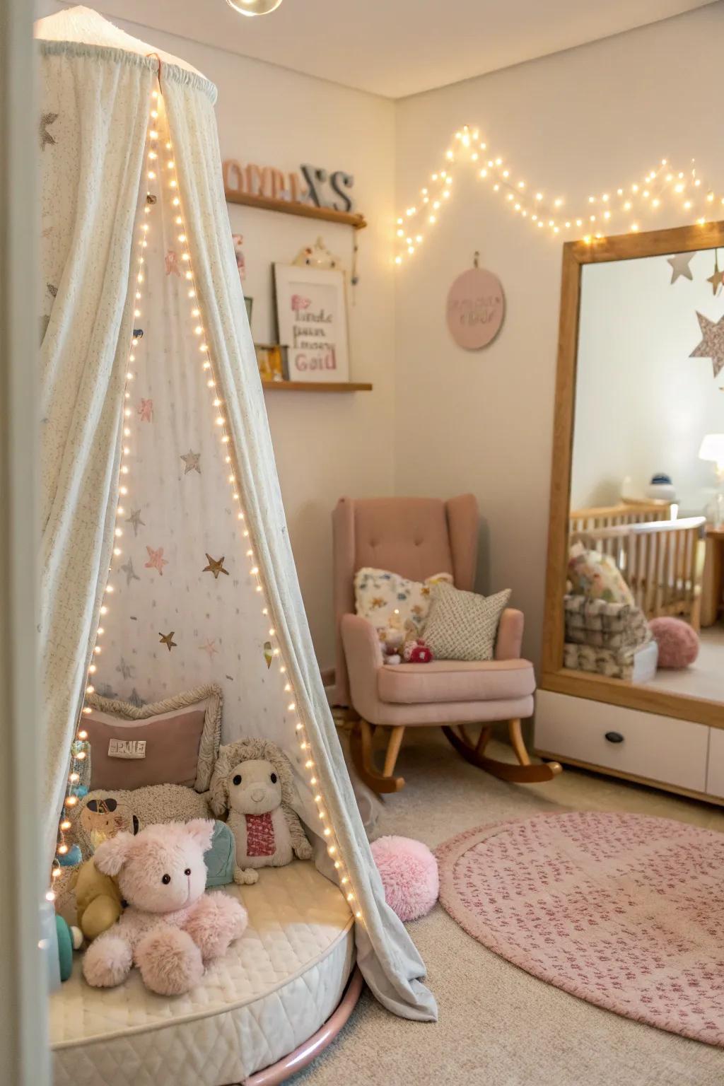 A reflection showing a canopy makes the cozy vibes of this nursery better.
