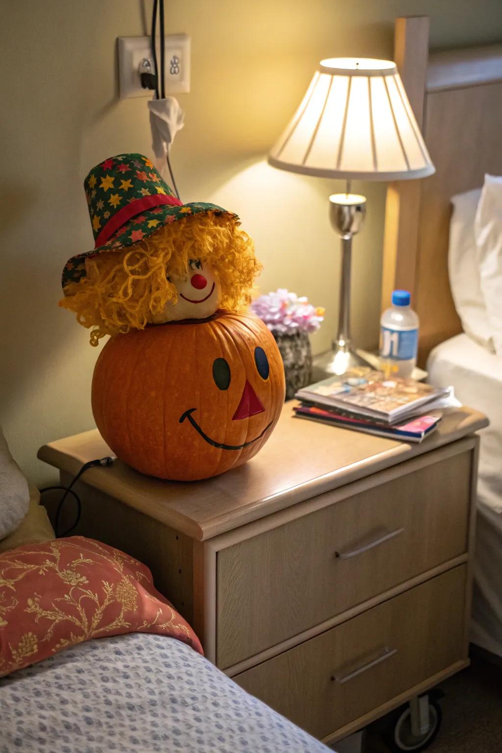 This pumpkin has a fun personality because to the wig and hat.