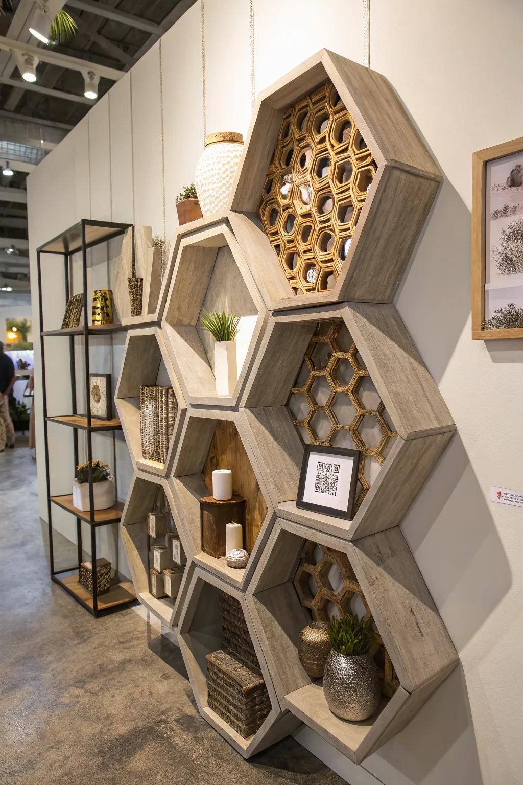 A clustered formation of octagon shelves creates visual interest.
