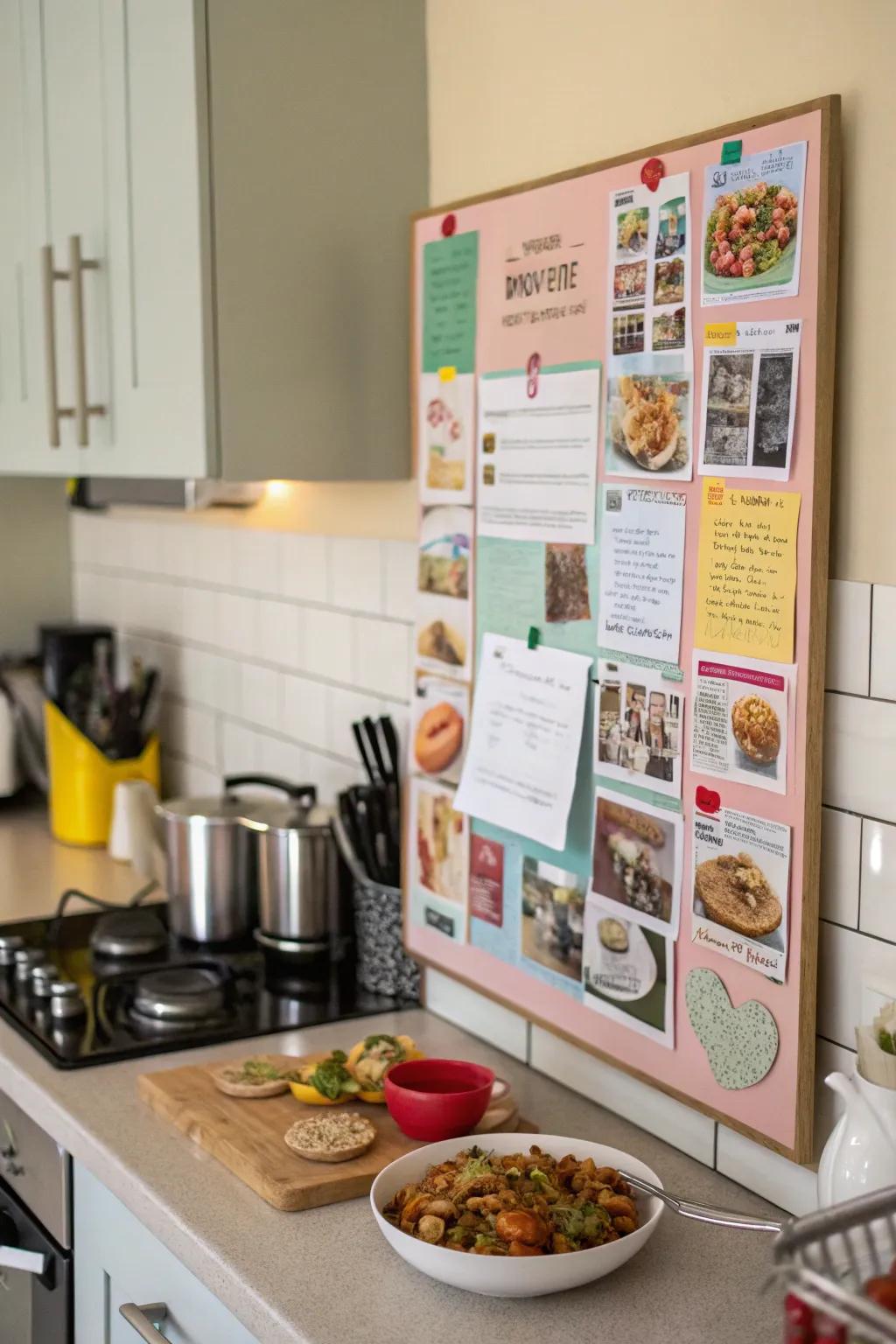 A kitchen bulletin board with a culinary theme.