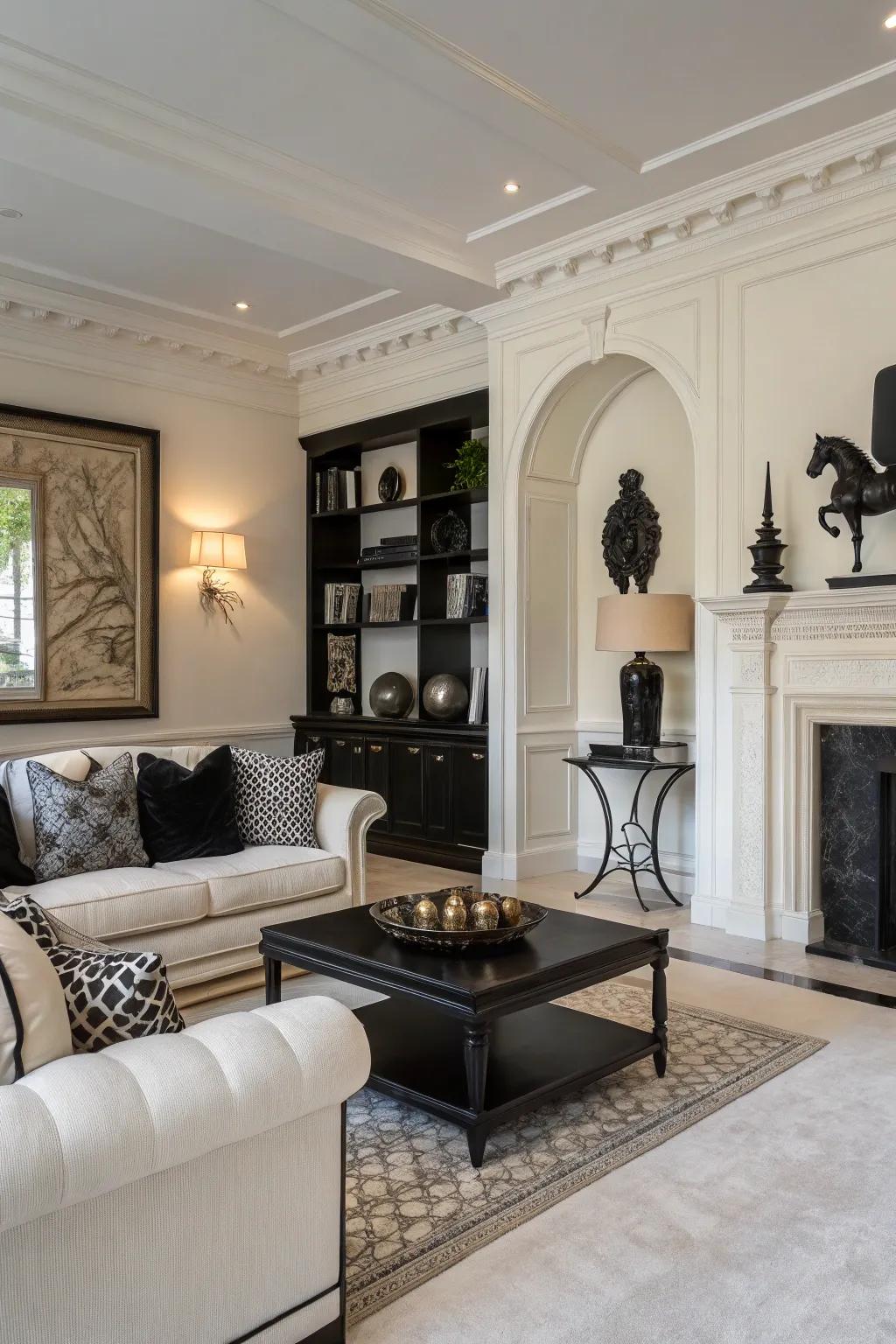 Daring ebony components introduce drama to an off-white area.