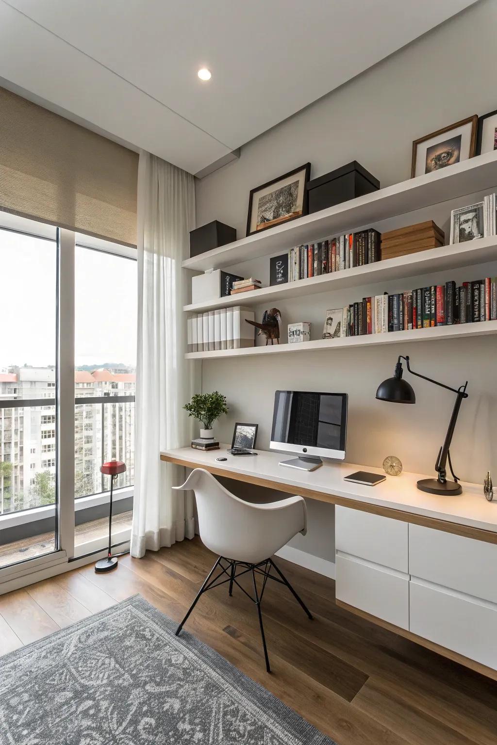 Floating shelves for a modern and sleek look.