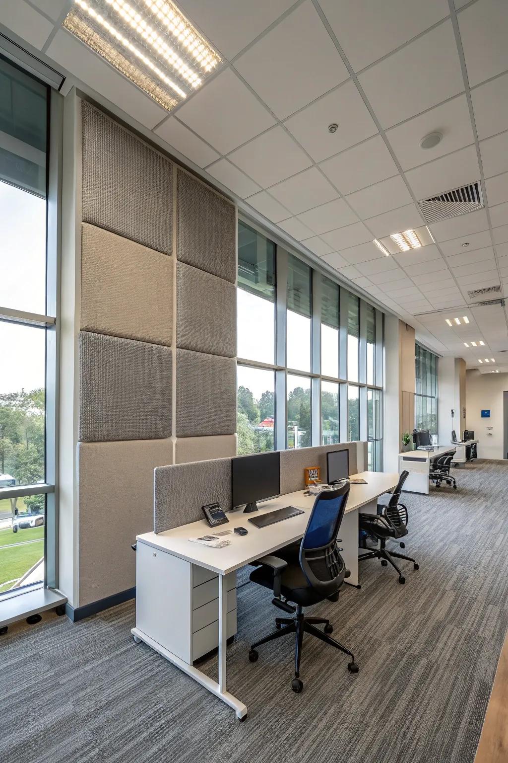 Sound dampening panels providing noise control in an open-plan office.