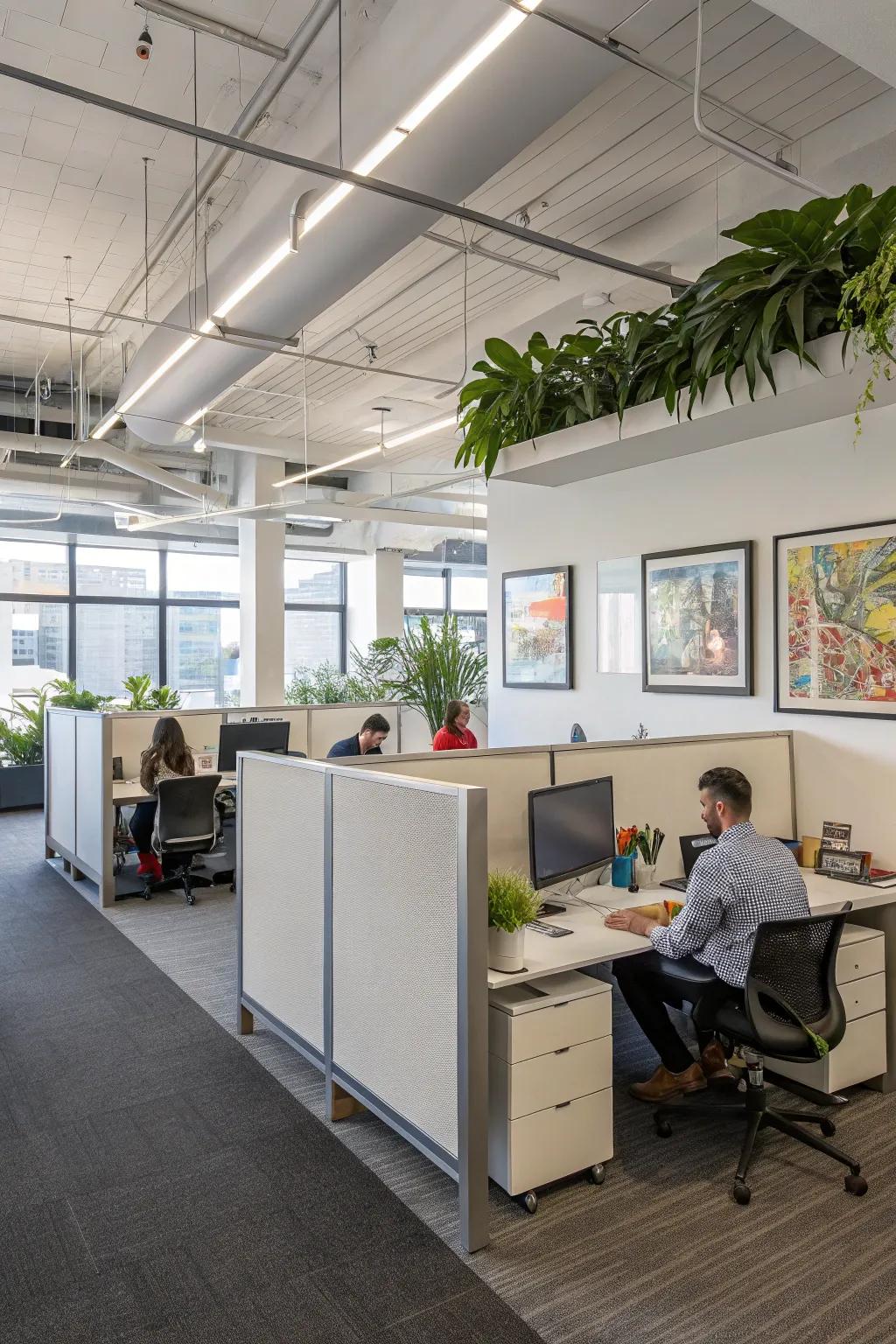 Half-wall partitions make defined yet open zones in offices.