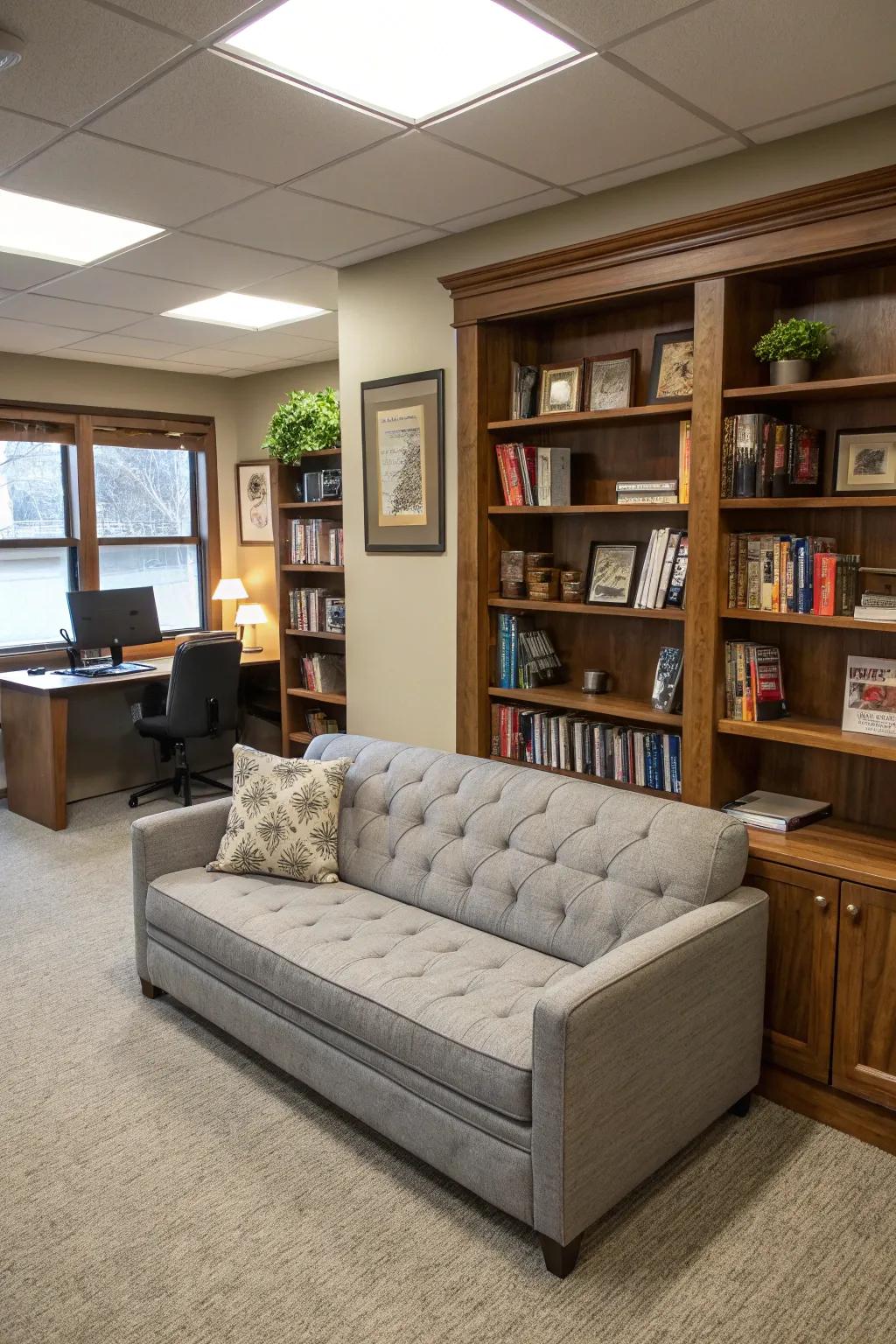 This reading room cleverly doubles as a guest area with a convertible sofa bed.