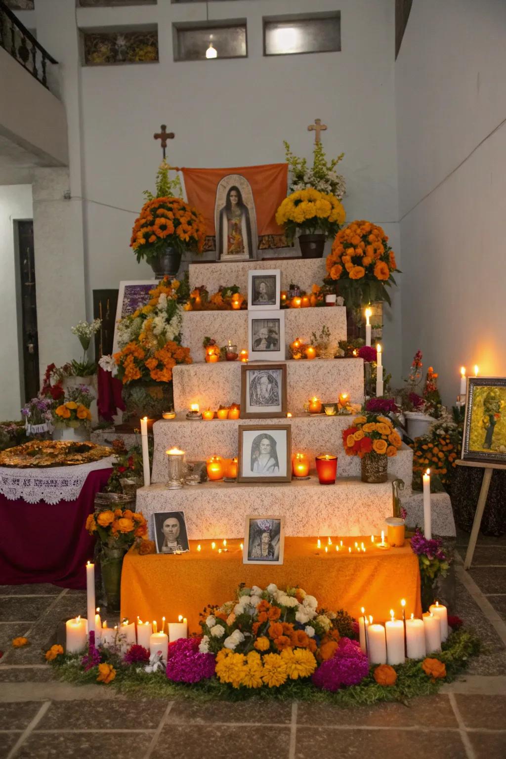 Multi-tiered ofrendas symbolize the voyage between heaven and earth.