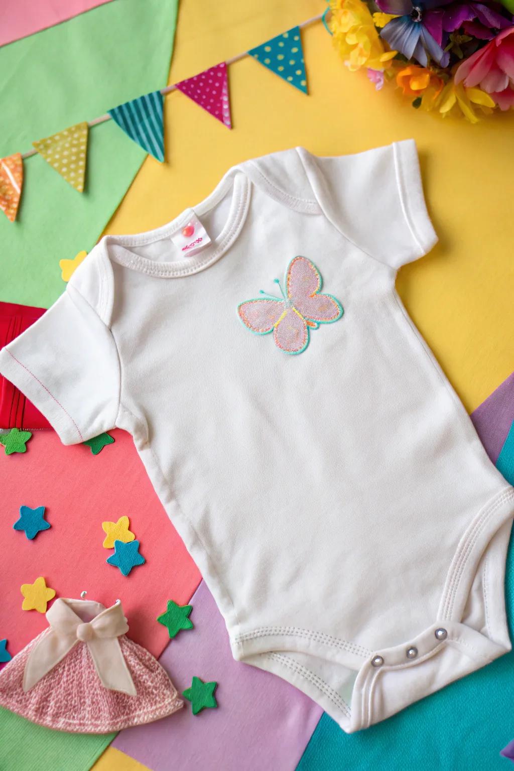 A textured onesie featuring a dreamy butterfly fabric cutout.