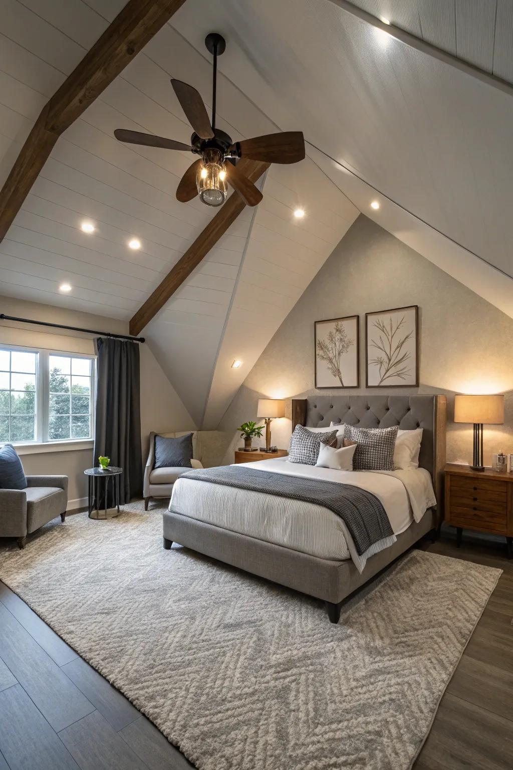 A modern bedroom with a stylish ceiling fan that blends both form and function.