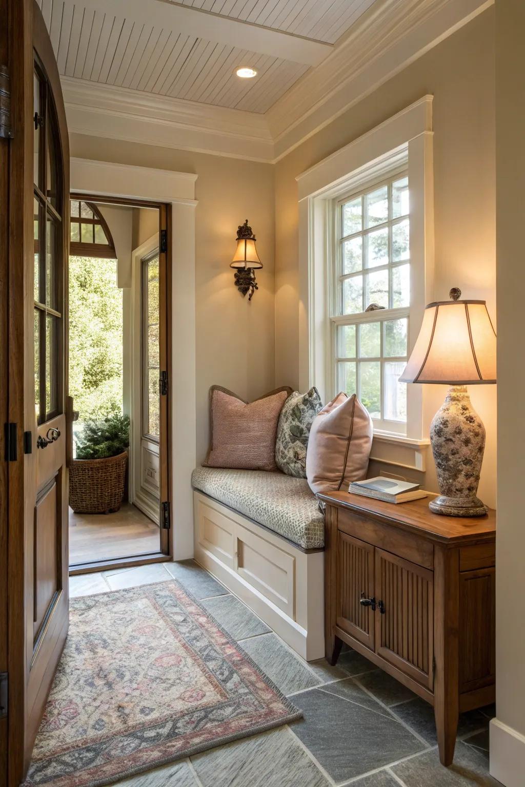 Seating spots in entryways encourage relaxation and warmth.