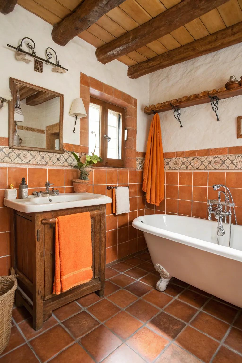 An earthy bathroom featuring terracotta cladding and citrus accents.