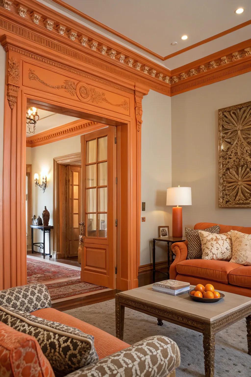 Tangerine highlights accent the structural features, imparting a contemporary vibe.