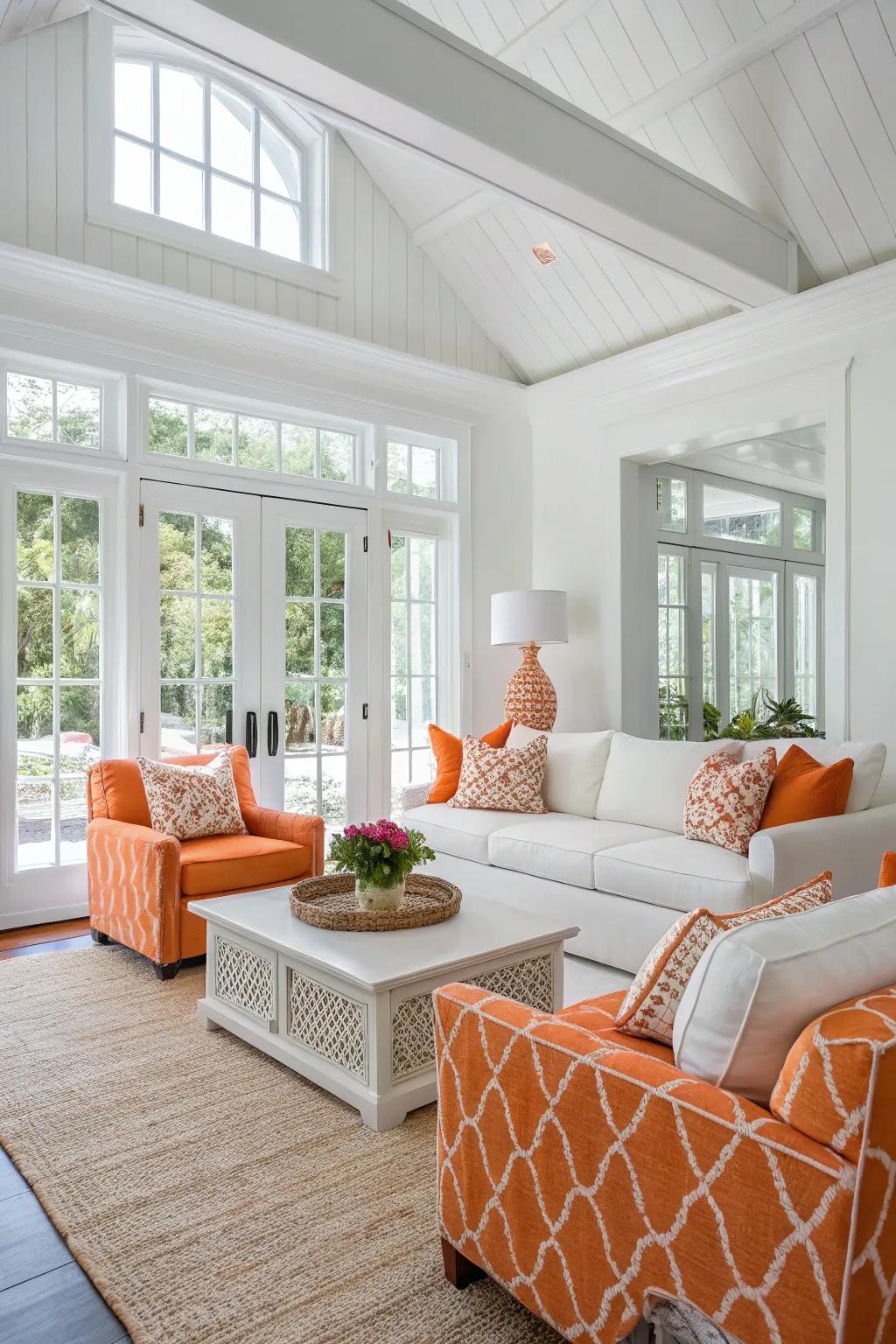 A fresh, modern living room featuring a coral and white color palette.