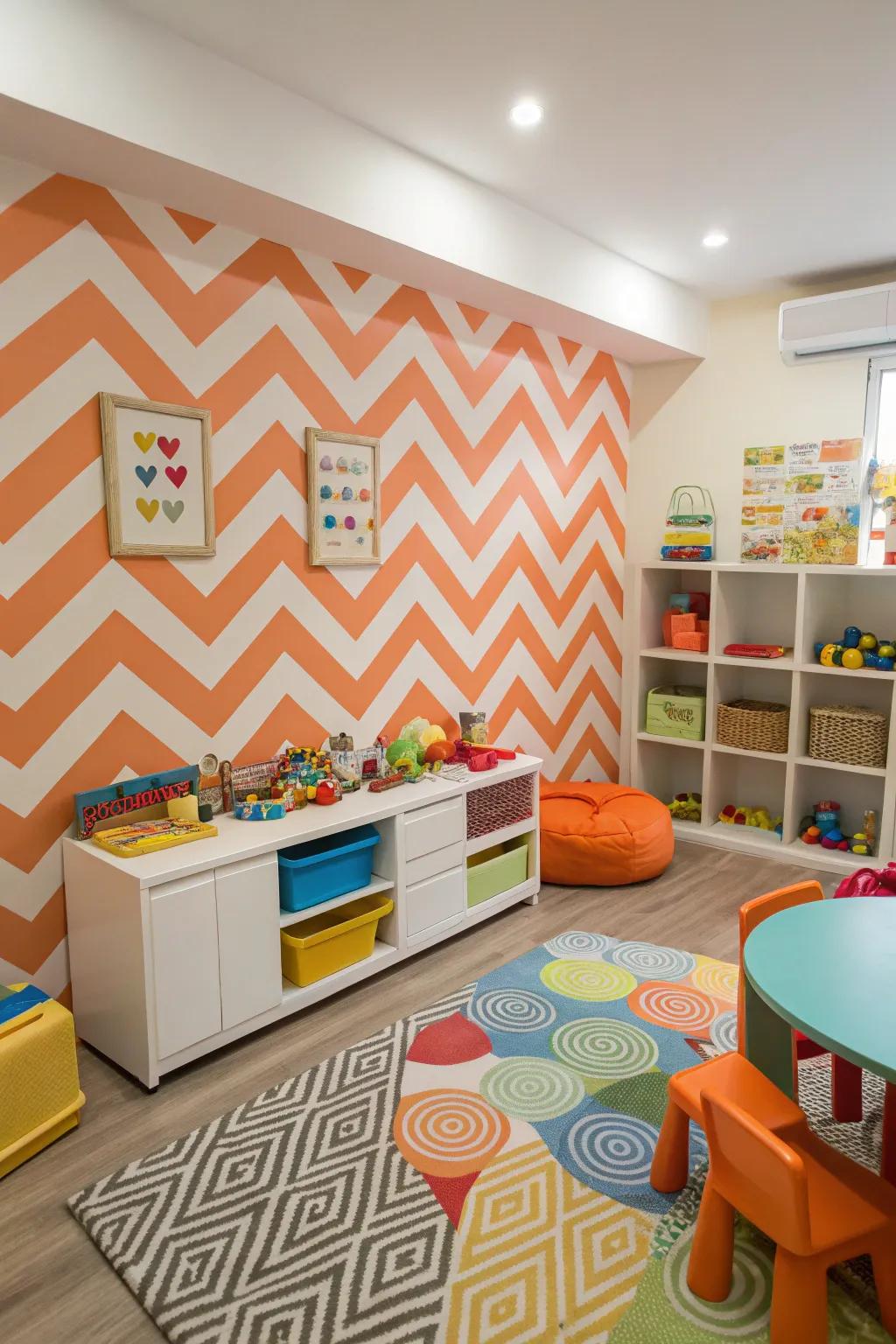 A playroom overflows with energy, thanks to its tangerine and white chevron walls.